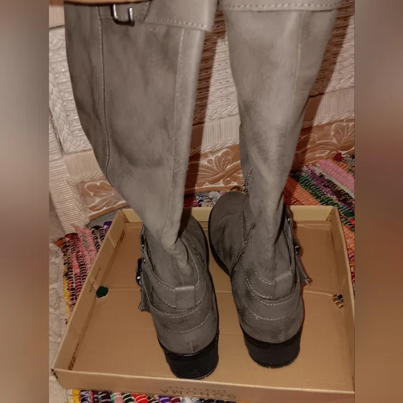 Sonoma~Women's Gray Knee-High Leather Boots Chunky Heel - Picture 4 of 13